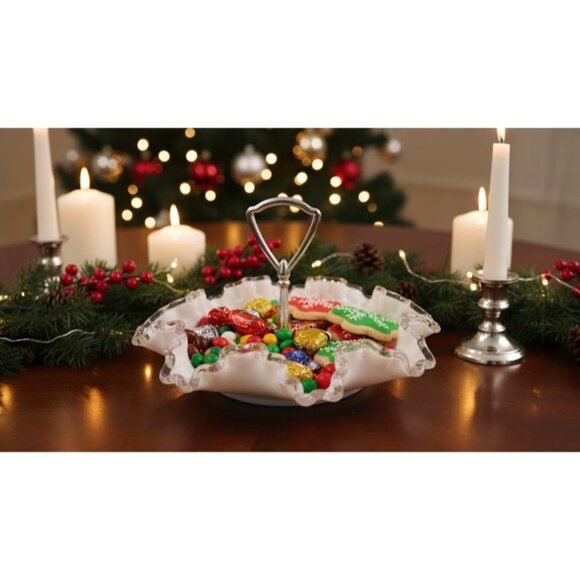 Vintage Fenton Milk Glass Silver Handle Ruffled Edge Candy Dish - Picture 2 of 6